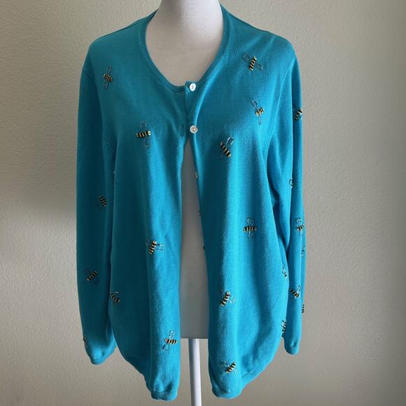 Susan Bristol Cardigan Blue Novelty Sweater Beaded Bees Lightweight Button Up - Picture 1 of 11
